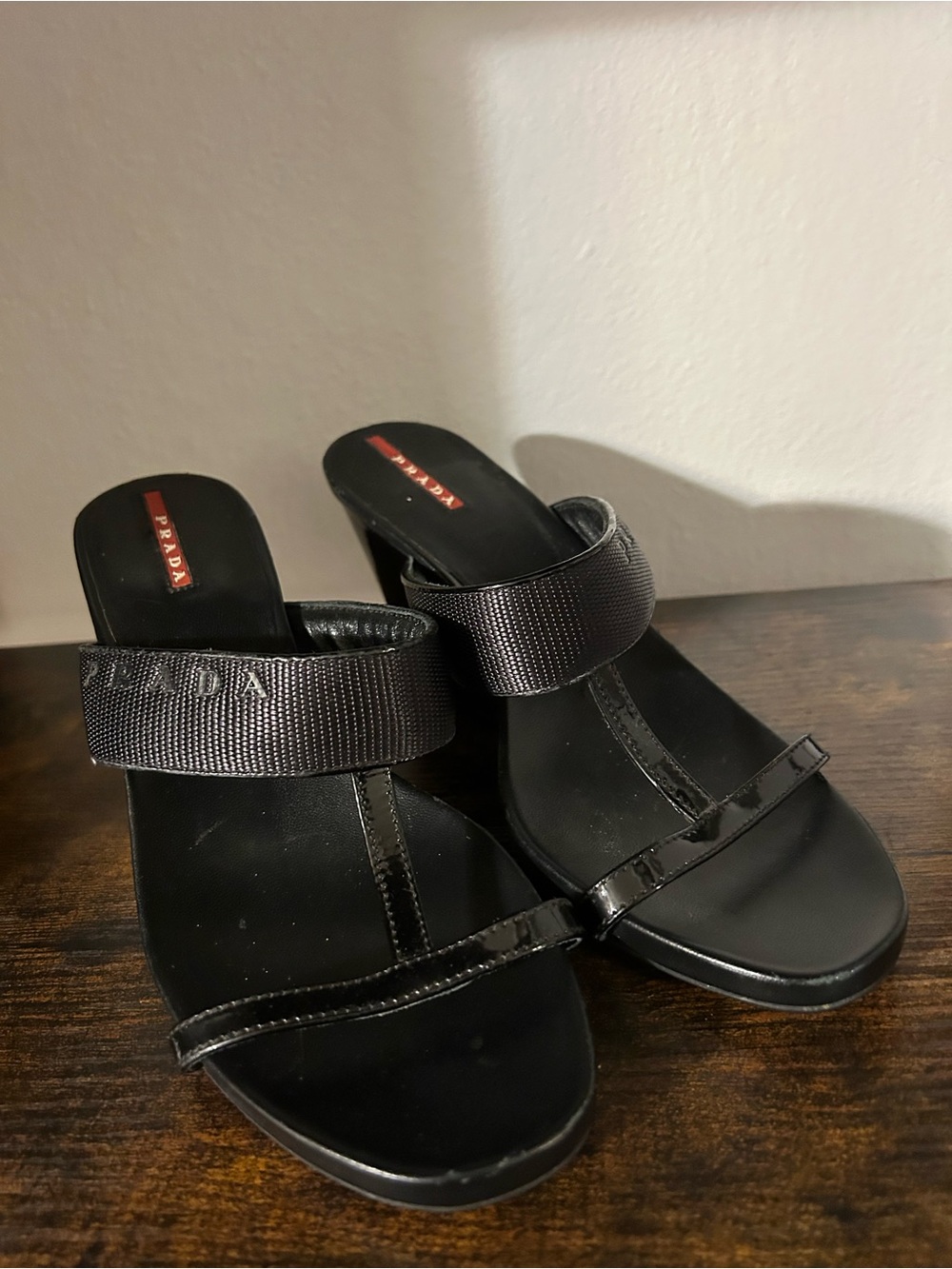 Prada Black Leather & Fabric Slide Heels